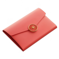 3d icon of a closed red envelope Chinese New Year Hong Bao sealed with a golden sun shaped button, isolated on a transparent background for messaging png