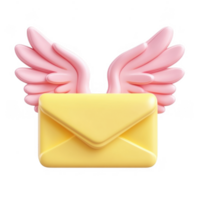 3d icon Yellow closed envelope mail sporting pink wings, digitally against isolated on a transparent background png