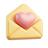 3d icon Valentine Pink heart emerging from yellow letter envelope, love message floating isolated on a transparent background png