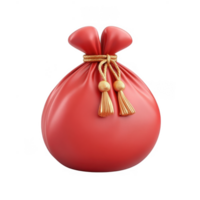 3d icon Chinese New Year Golden tasseled red fortune money bag gleaming with ornate details, symbolizing financial abundance against transparent background png