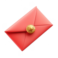 3d icon of a closed red envelope Chinese New Year sealed with a golden Hong Bao sun shaped button, isolated on a transparent background for messaging png