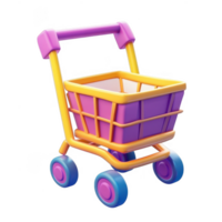 3d icon Lilac shopping cart with glossy wheels, metallic basket standing empty isolated on a transparent background png