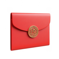 3d icon of a closed red envelope Chinese New Year sealed with a golden sun flower shaped button, Hong Bao isolated on a transparent background for messaging png