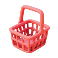3d icon depicting empty shopping basket featuring red handle, isolated against transparent background, suitable for e commerce visualization png