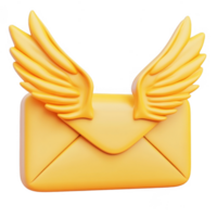3d icon Yellow closed envelope mail sporting wings, digitally against isolated on a transparent background png