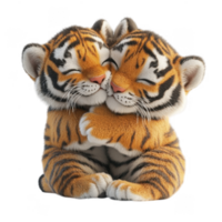 3d icon Two cute valentine couple tiger cubs are cuddling with closed eyes, showing affection on a transparent background png