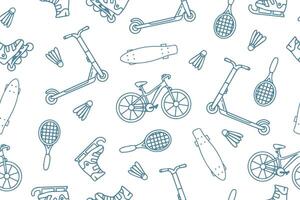Seamless pattern with sports equipment. Colorful handmade sports equipment. Pattern on the theme of sports, healthy lifestyle. Background for use in design, packaging, website, fabric. vector