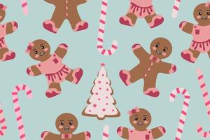 Seamless Christmas pattern with gingerbread man and candy cane. Festive background. illustration. vector