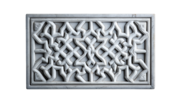 A rectangular panel of white stone with Islamic geometric patterns, against a transparent background, png