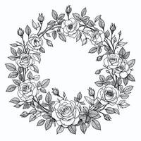 Wreath Of Flowers, Leaves Black And White Frame Illustration, Set Of Decorative Elements Of Plants Background, Border Line Art, Lineart vector