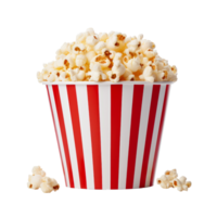 A striped bucket filled with delicious and crispy popcorn. png
