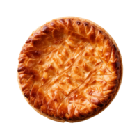 A beautifully baked golden pie with a flaky crust and intricate patterns. png