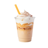 Delicious caramel frappuccino topped with whipped cream and chocolate syrup png