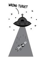 UFO flying saucer abducts alien wrong target, spaceship doodle style, alien invasion cartoon. vector