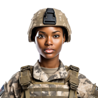 Female soldier in military uniform with helmet and camouflage pattern png