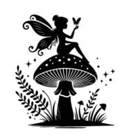 Silhouette of a Fairy Sitting on a Mushroom With Plants, Sparkles, and a Butterfly vector
