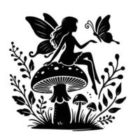 Silhouette of a Fairy Sitting on a Mushroom With Plants vector