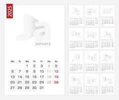 Calendar 2025 template, minimalist calendar set for 2025 year. vector