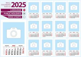 Wall calendar 2025 size A3, English language. Week start from Sunday. vector