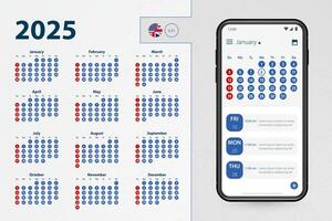 Calendar application for Smartphone. Calendar 2025 week starts from Sunday, English language. vector