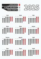 Template calendar 2025 with number in circles, simple Turkish calendar for year 2025. vector