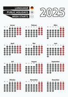 Template calendar 2025 with number in circles, simple German calendar for year 2025. vector