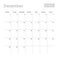 Simple wall calendar for December 2025 with dotted lines. The calendar is in English, week start from Monday. vector