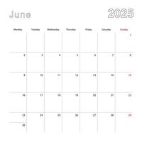 Simple wall calendar for June 2025 with dotted lines. The calendar is in English, week start from Monday. vector