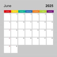 Calendar page for June 2025, wall planner with colorful design. Week starts on Sunday. vector