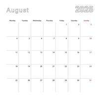Simple wall calendar for August 2025 with dotted lines. The calendar is in English, week start from Monday. vector