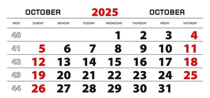 Wall calendar 2025 for october, week start from sunday. vector