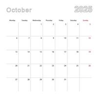 Simple wall calendar for October 2025 with dotted lines. The calendar is in English, week start from Monday. vector