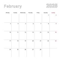 Simple wall calendar for February 2025 with dotted lines. The calendar is in English, week start from Monday. vector