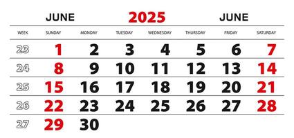 Wall calendar 2025 for june, week start from sunday. vector