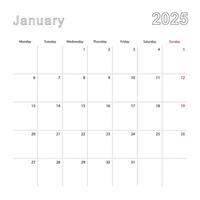 Simple wall calendar for January 2025 with dotted lines. The calendar is in English, week start from Monday. vector