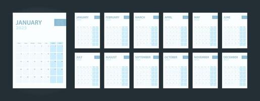 Vertical calendar 2025, set of 12 pages of calendar 2025. vector