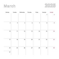 Simple wall calendar for March 2025 with dotted lines. The calendar is in English, week start from Monday. vector