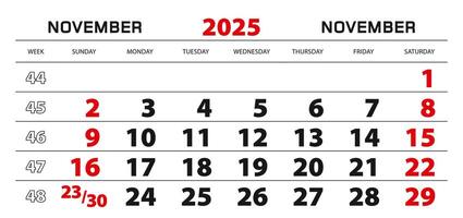 Wall calendar 2025 for november, week start from sunday. vector