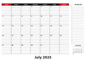 July 2025 Monthly Desk Pad Calendar week starts from sunday, size A3. vector
