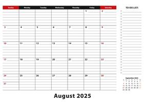 August 2025 Monthly Desk Pad Calendar week starts from sunday, size A3. vector