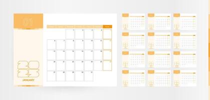 Horizontal planner for the year 2025 in the orange color scheme. The week begins on Monday. A wall calendar in a minimalist style. vector