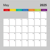 Calendar page for May 2025, wall planner with colorful design. Week starts on Sunday. vector