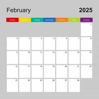 Calendar page for February 2025, wall planner with colorful design. Week starts on Sunday. vector