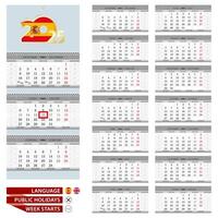 Spanish and English language calendar for 2025 year. Week starts from Monday. vector