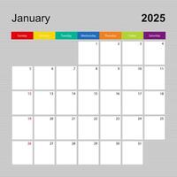 Calendar page for January 2025, wall planner with colorful design. Week starts on Sunday. vector