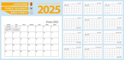Spanish calendar planner for 2025. Spanish language, week starts from Sunday. vector