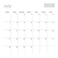 Simple wall calendar for July 2025 with dotted lines. The calendar is in English, week start from Monday. vector