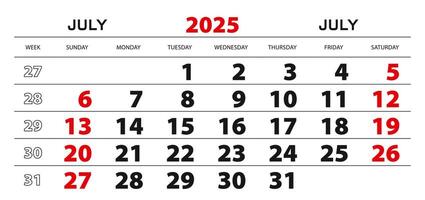 Wall calendar 2025 for july, week start from sunday. vector