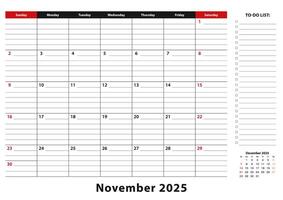 November 2025 Monthly Desk Pad Calendar week starts from sunday, size A3. vector