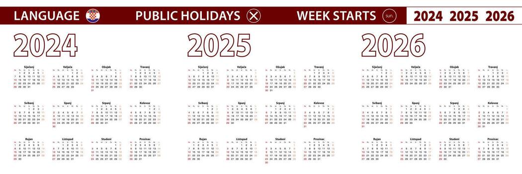 2024, 2025, 2026 año calendario en croata idioma, semana empieza en domingo. vector